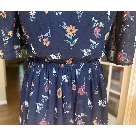 J.O.A. Dress Women's Small Navy Blue Pin Dot Delicate Floral Print Wrap - Picture 7 of 8